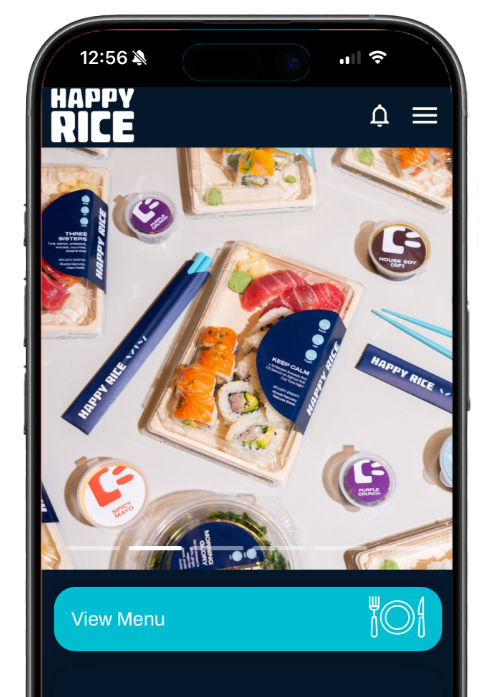 Happy Rice app home screen showing sushi boxes and a View Menu button