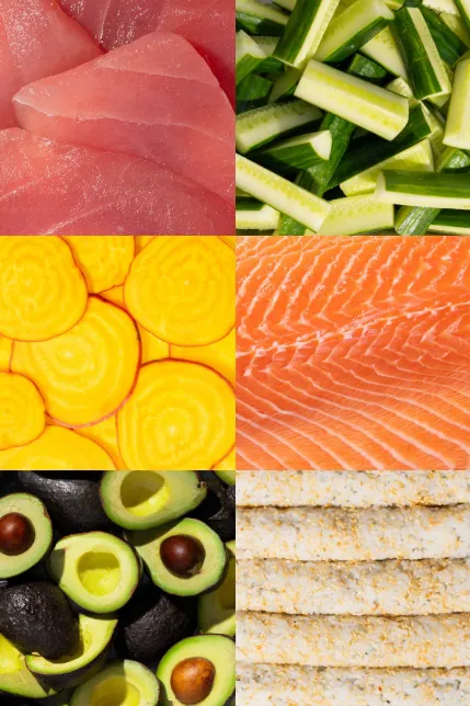 Collage of Happy Rice ingredients: cucumber, salmon, sushi rice, tuna, golden beets and avocado