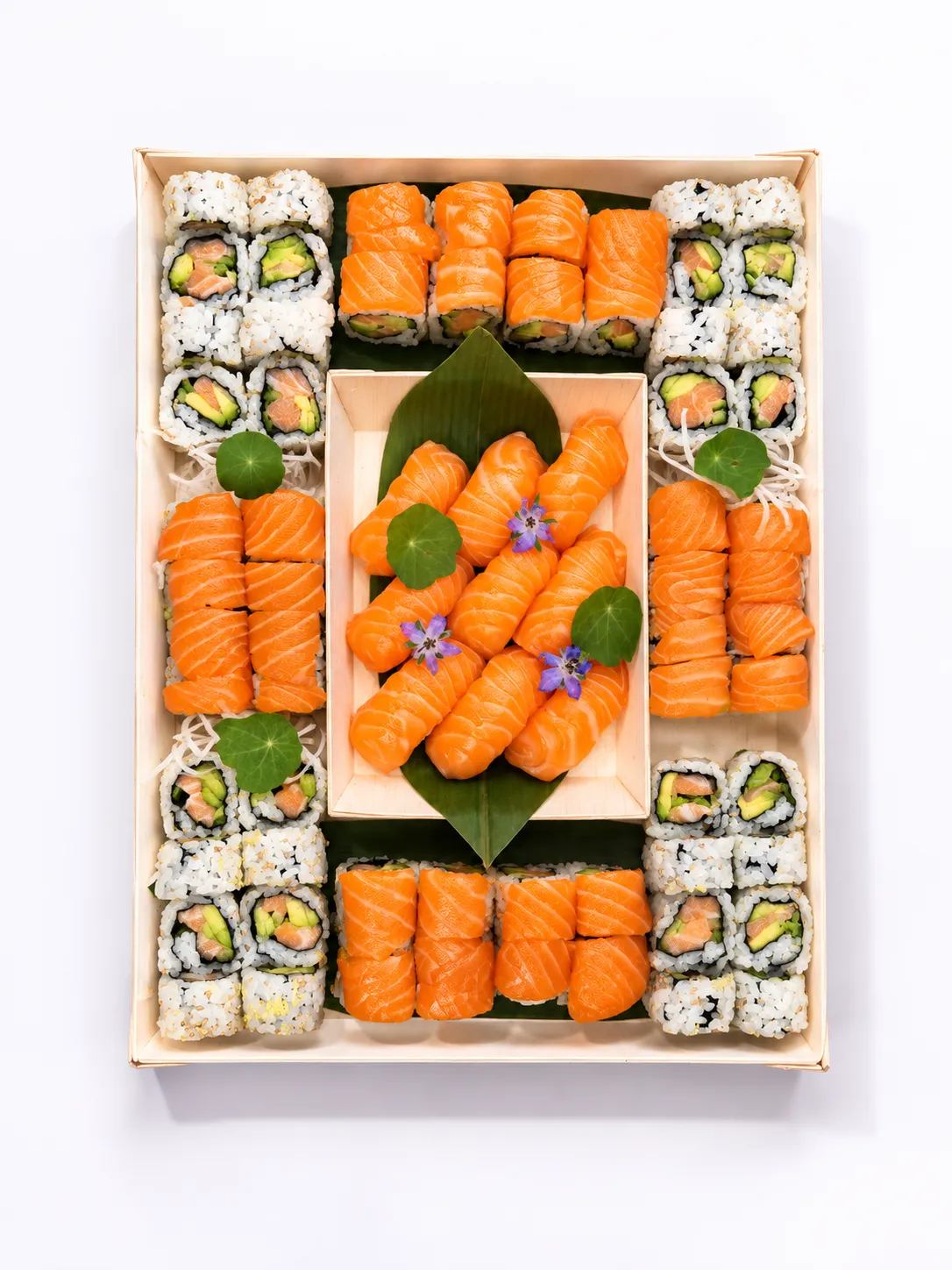 Salmon Lovers catering tray with salmon rolls and salmon nigiri